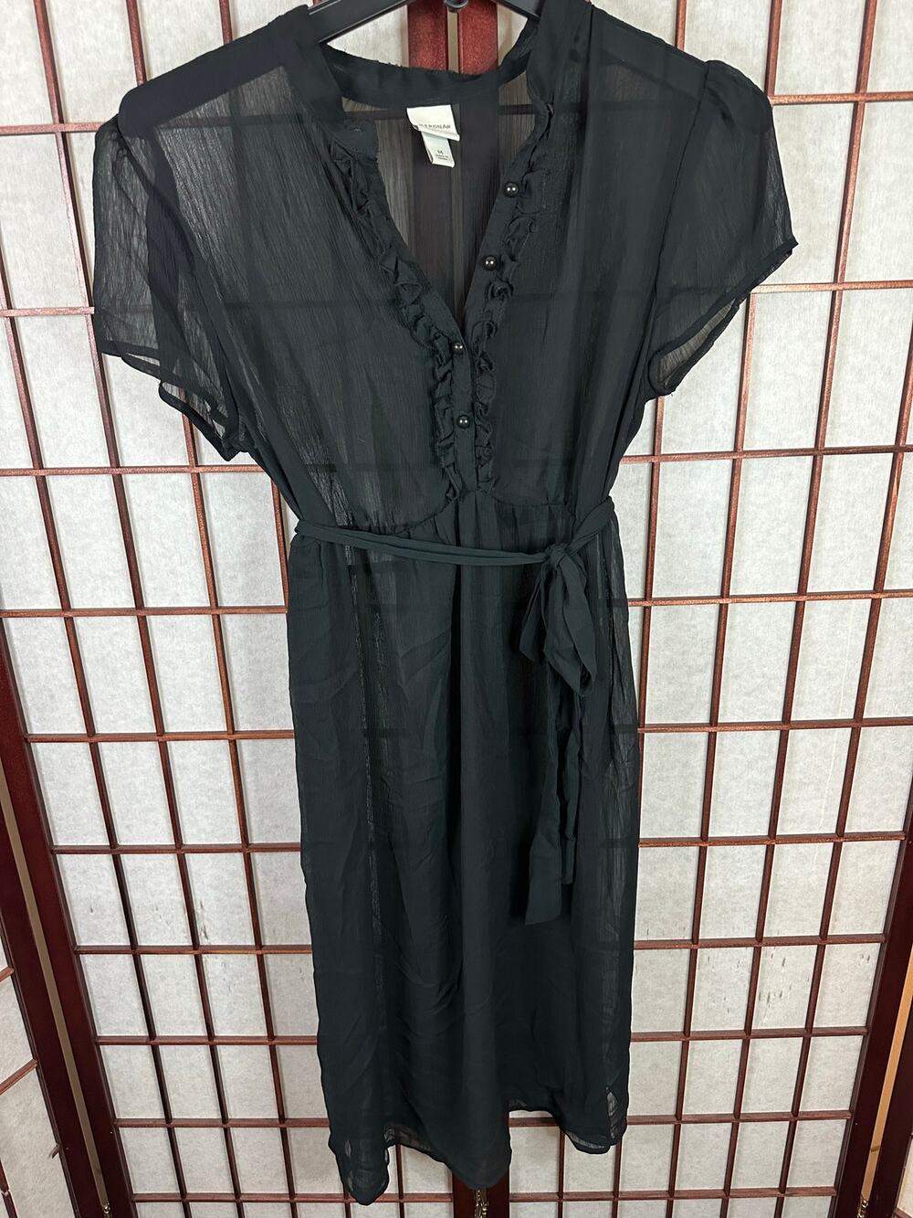Merona Black Sheer dress with ruffles and tie waist size medium